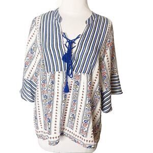 Addie lace up floral boho print peasant top sz L